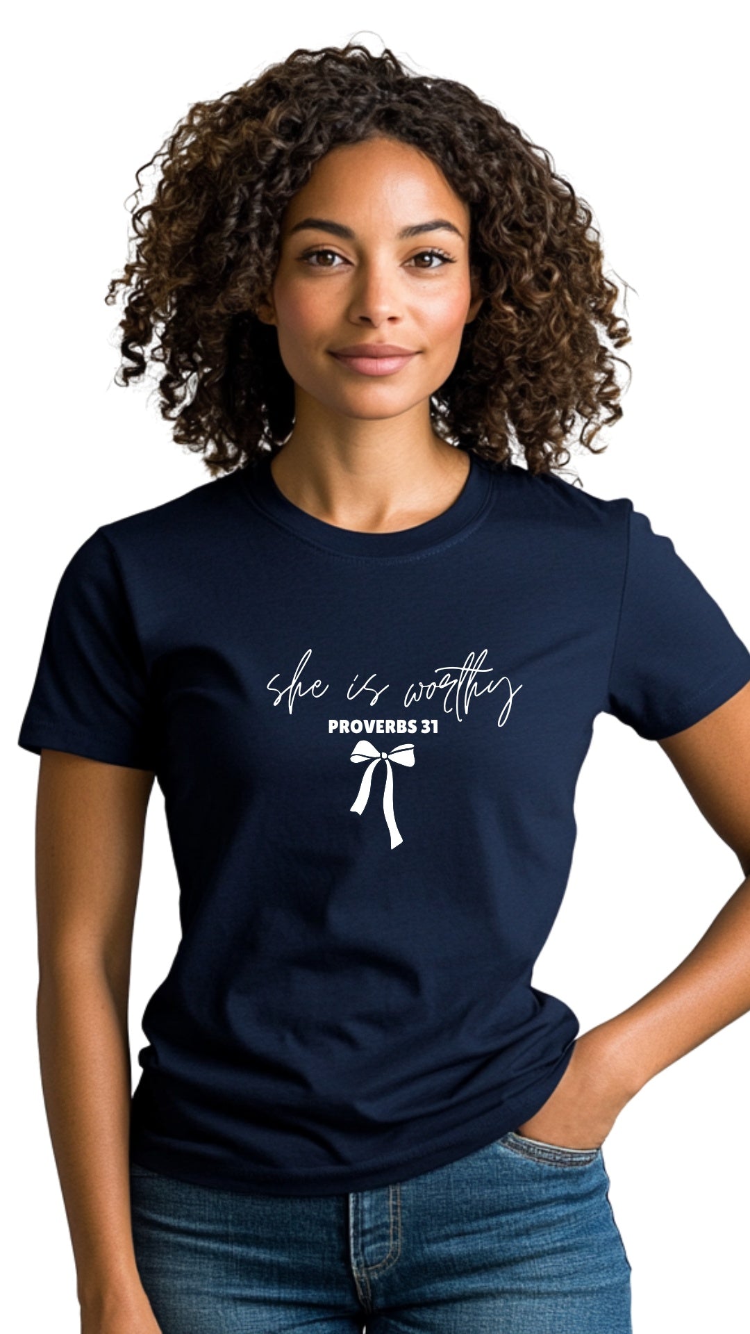 Female Tailored Round Neck T-Shirt – "She is Worthy" Main image